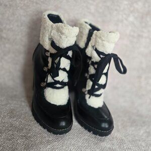 BCBG Black and Cream heeled platform boots